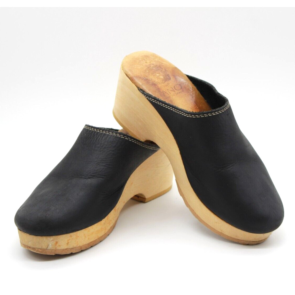 VTG Tano Womens Suki Leather Platform Wood Clogs Black Made In Spain Size 8